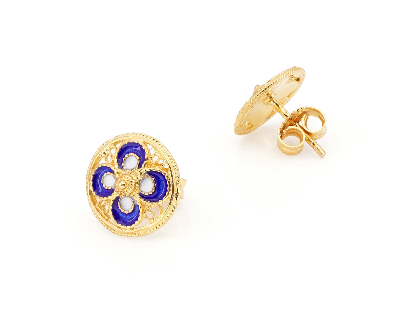 Brincos Mini Azulejos Redondos, Filigrana Portuguesa, Prata de Lei 925 Dourada