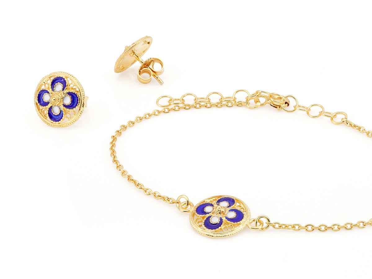 Conjunto Brincos e Pulseira Mini Azulejos Redondos, Filigrana Portuguesa, Prata de Lei 925 Dourada