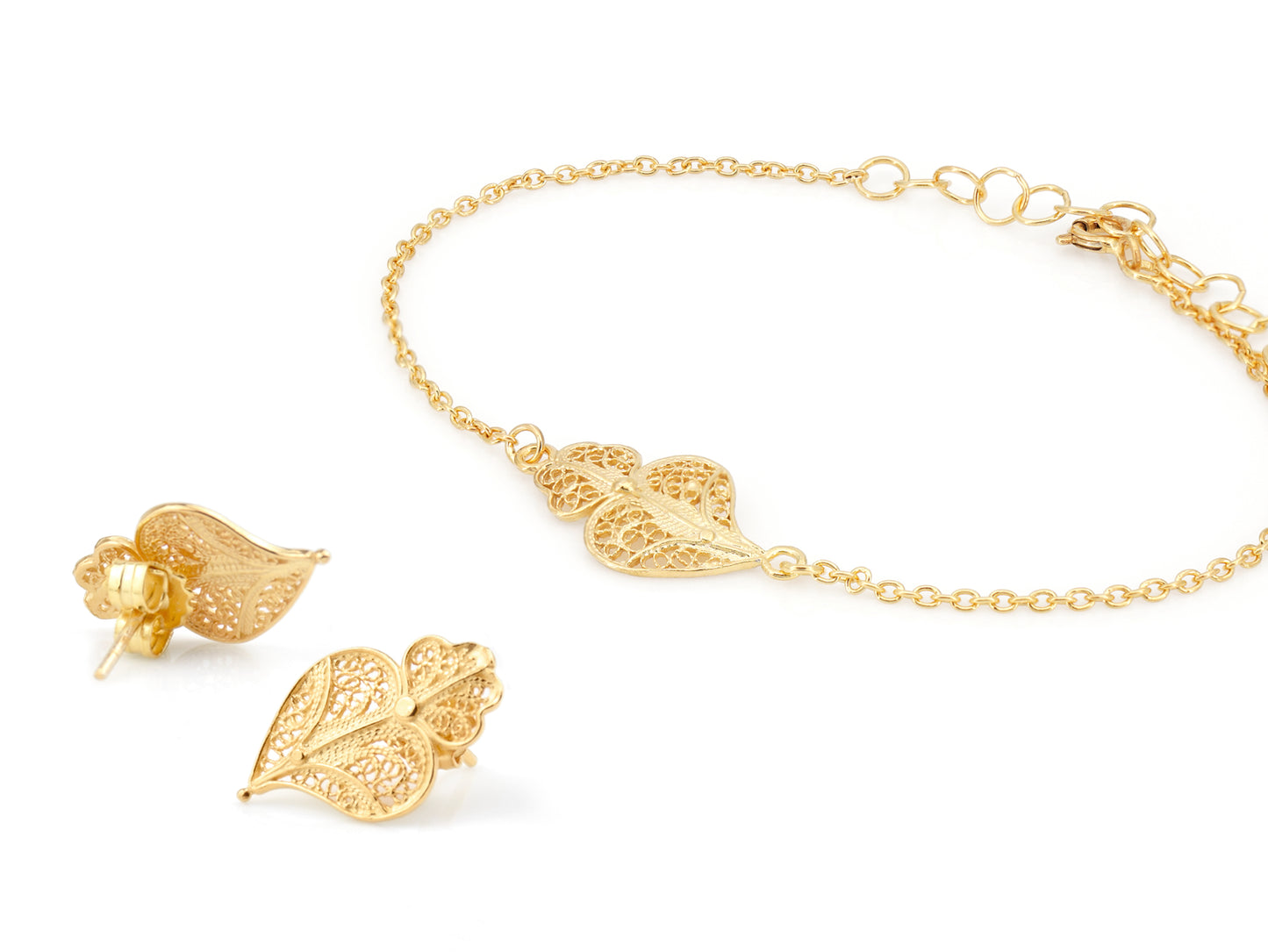 Conjunto Brincos e Pulseira Coração de Viana Pequeno, Filigrana Portuguesa, Prata de Lei 925 Dourada
