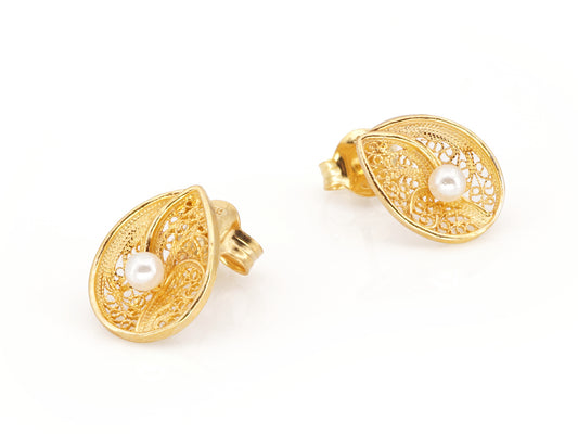 Brincos Gota com Pérola, Filigrana Portuguesa, Prata de Lei 925 Dourada