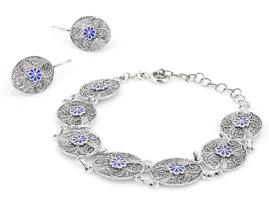 Conjunto Brincos e Pulseira Ovais com Flores Esmaltadas, Filigrana Portuguesa, Prata de Lei 925