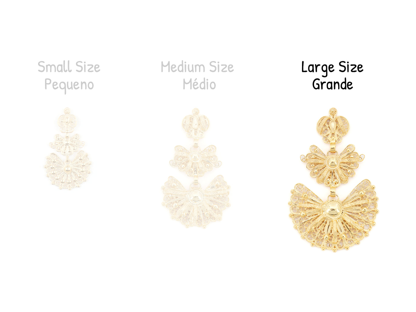 Brincos Laças Grandes, Filigrana Portuguesa, Prata de Lei 925 Dourada - Comparação tamanho