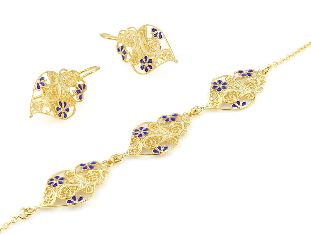 Conjunto Brincos e Pulseira Coração com Flores Esmalte, Filigrana Portuguesa, Prata de Lei 925 Dourada