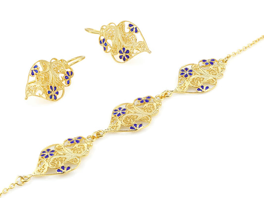 Conjunto Brincos e Pulseira Coração com Flores Esmalte, Filigrana Portuguesa, Prata de Lei 925 Dourada