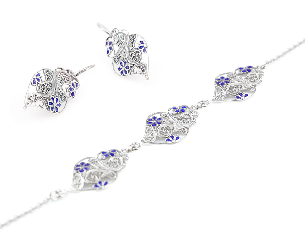 Conjunto Brincos e Pulseira Coração com Flores Esmalte, Filigrana Portuguesa, Prata de Lei 925