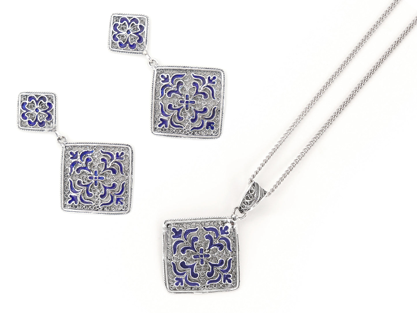 Conjunto Brincos e Colar Azulejos, Filigrana Portuguesa, Prata de Lei 925