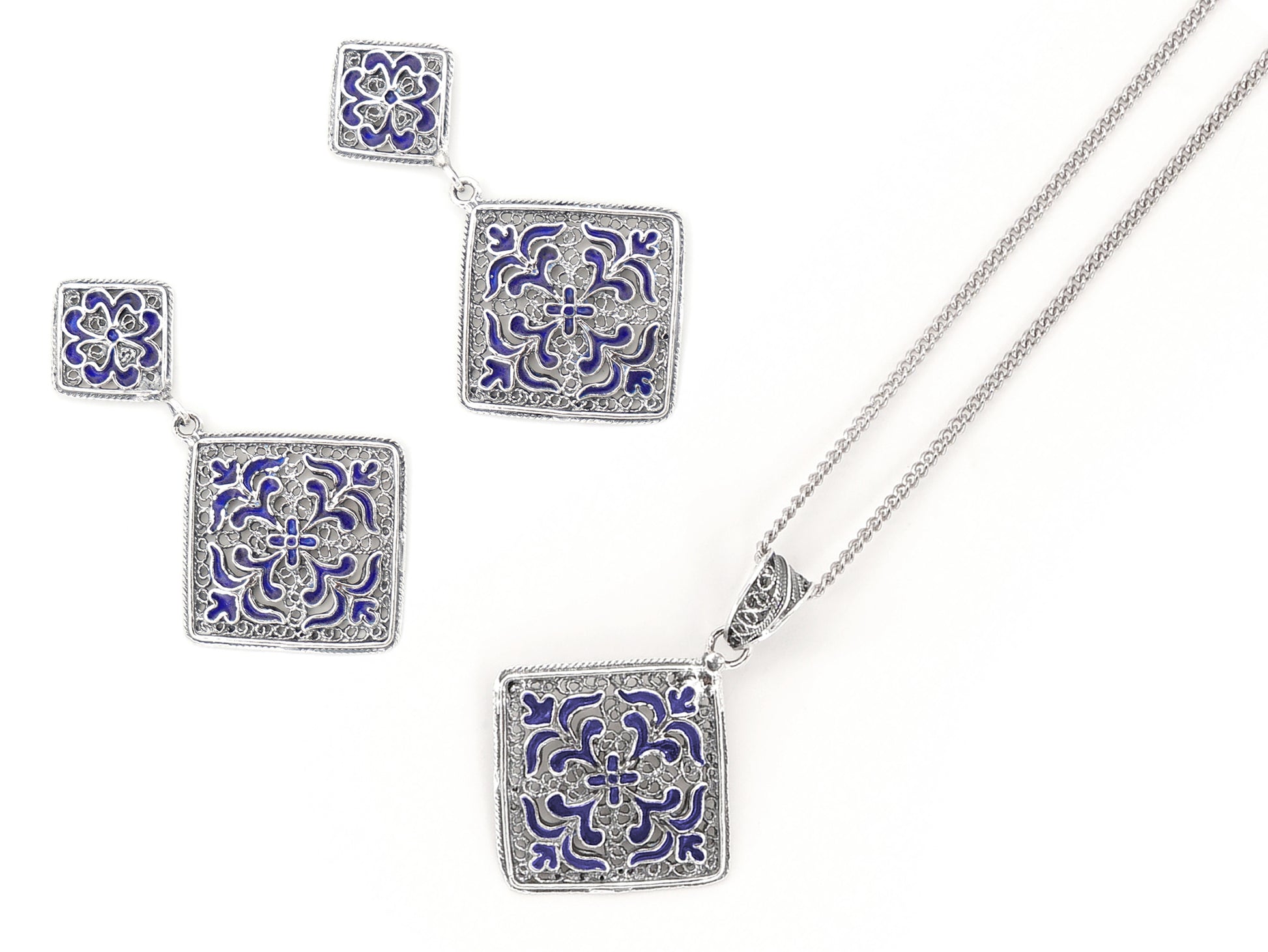 Conjunto Brincos e Colar Azulejos, Filigrana Portuguesa, Prata de Lei 925