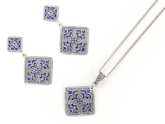 Conjunto Brincos e Colar Azulejos, Filigrana Portuguesa, Prata de Lei 925