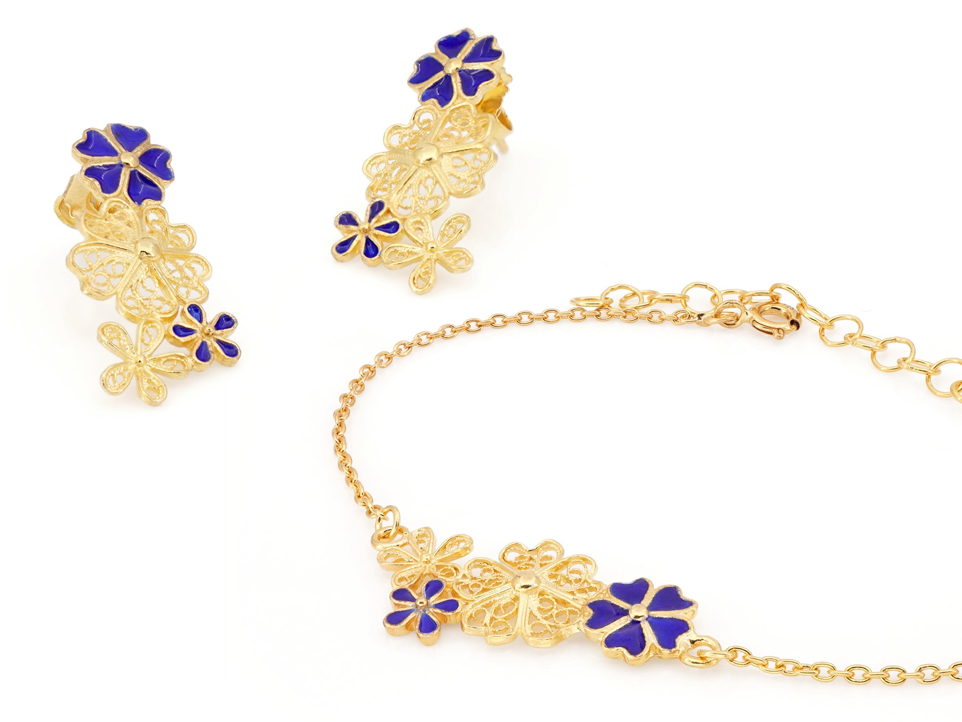 Conjunto Brincos + Pulseira Flores com Esmalte Azul, Filigrana Portuguesa, Prata de Lei 925 Dourada