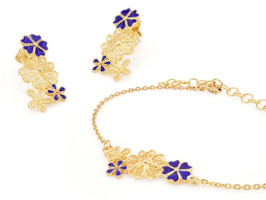 Conjunto Brincos + Pulseira Flores com Esmalte Azul, Filigrana Portuguesa, Prata de Lei 925 Dourada