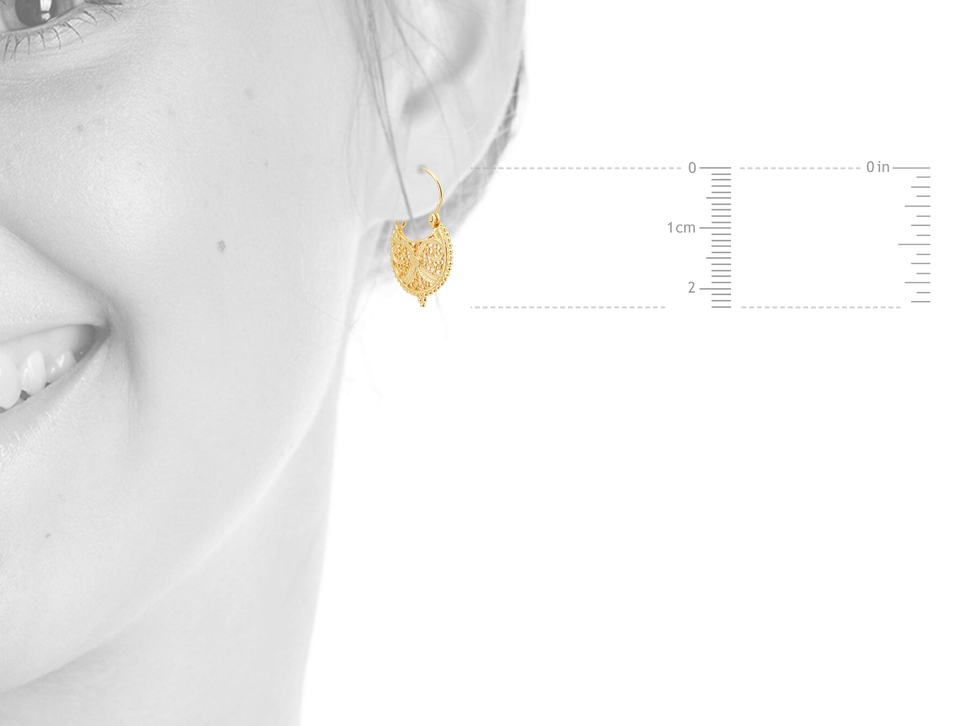 Brincos Mini Arrecadas Redondas, Filigrana Portuguesa, Prata de Lei 925 Dourada - Medidas