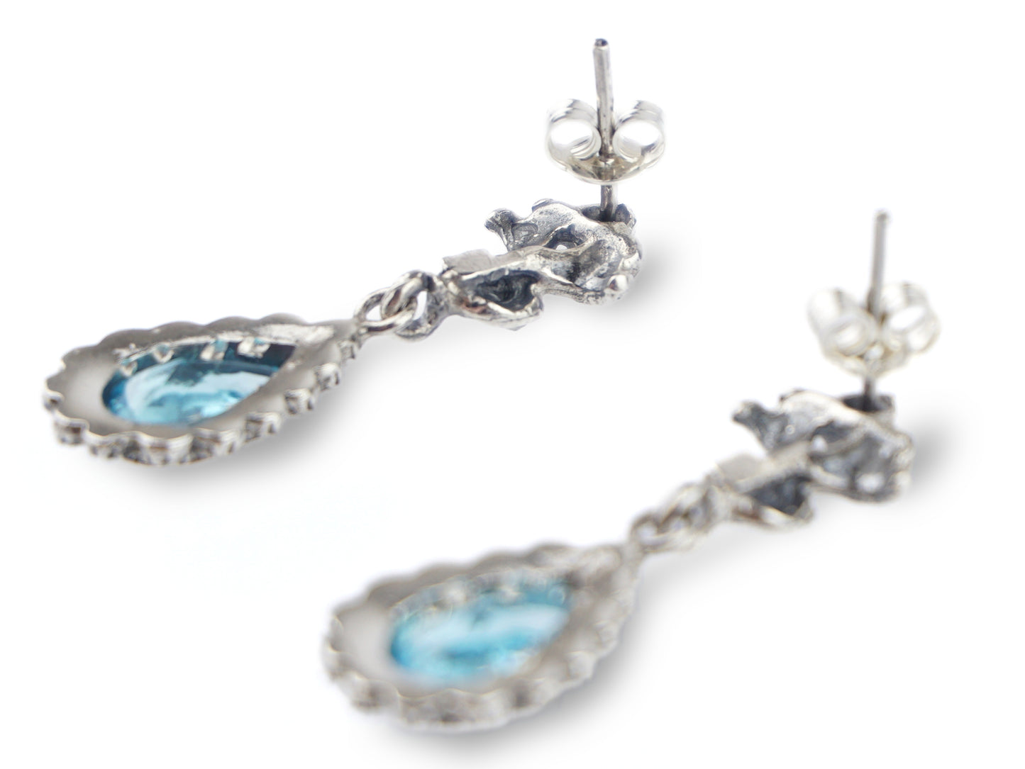 Brincos Compridos Marcassites Lágrima Pedra Azul-água, Prata de Lei 925 e Ouro 9k - Vista de trás