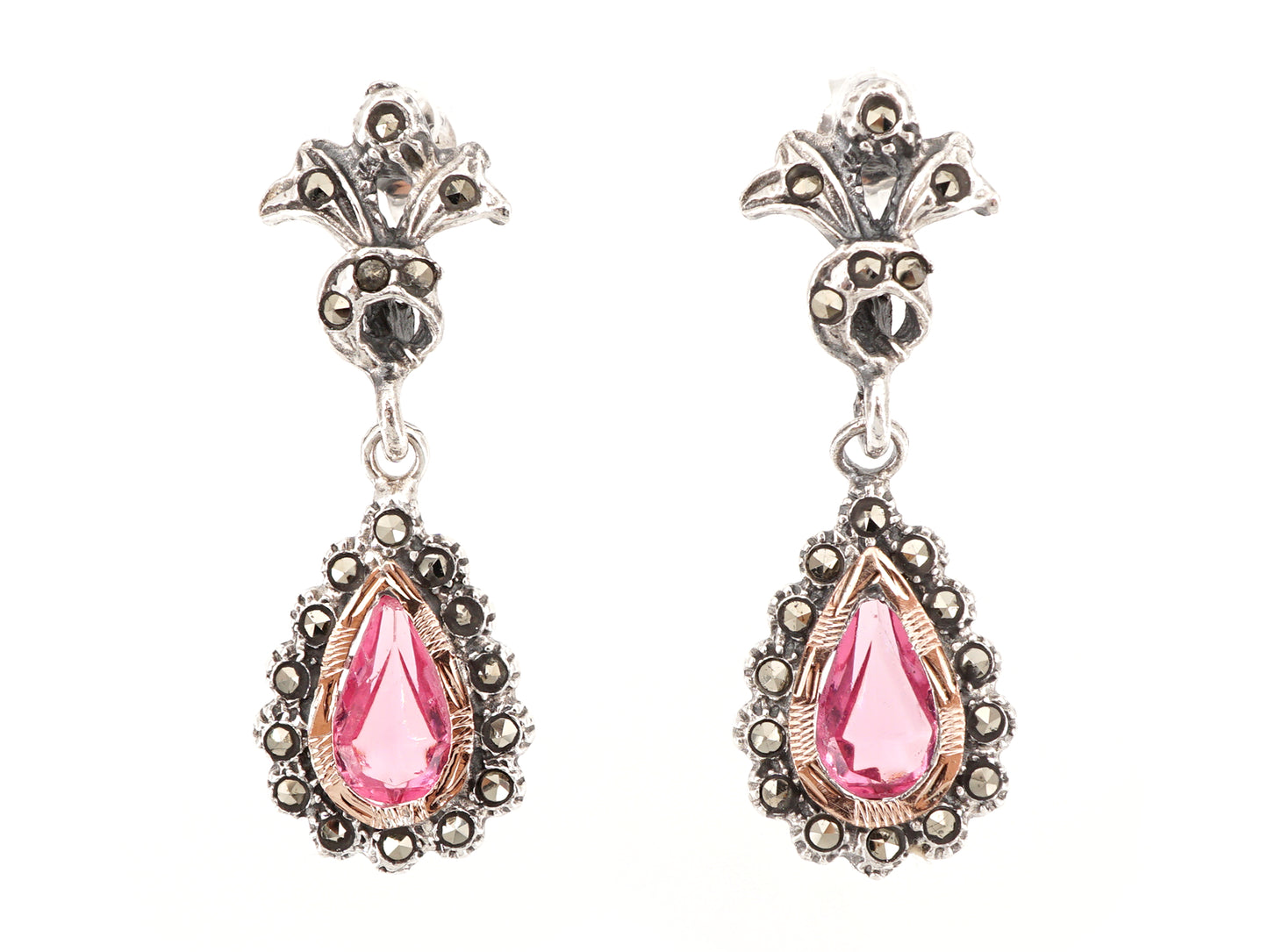 Brincos Compridos Marcassites Lágrima Rosa, Prata de Lei 925 e Ouro 9k