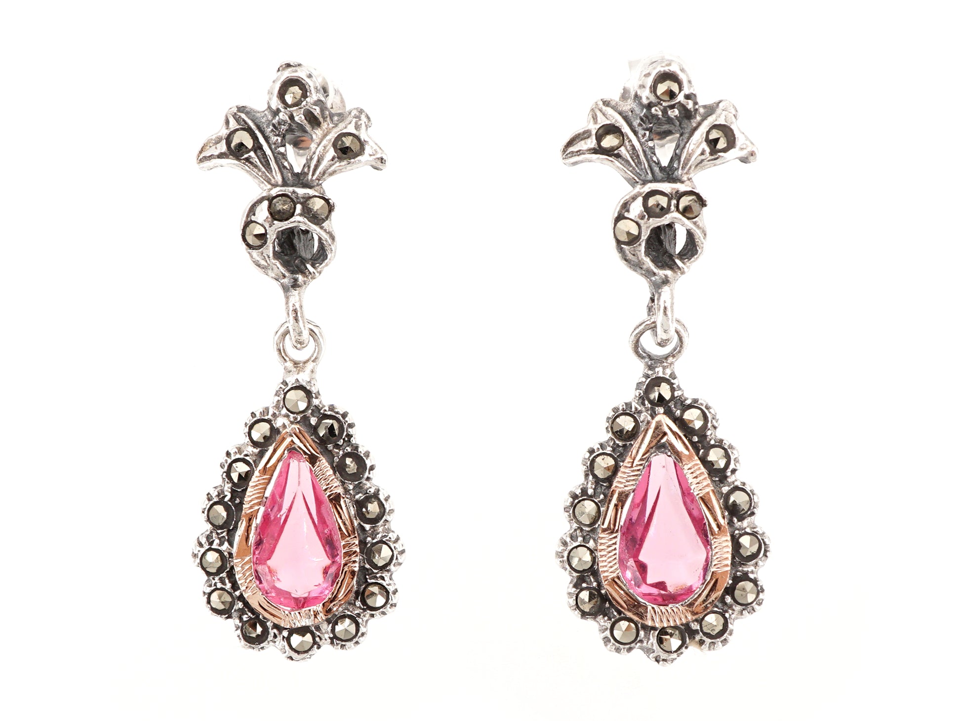 Brincos Compridos Marcassites Lágrima Rosa, Prata de Lei 925 e Ouro 9k