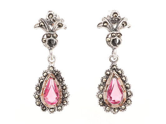 Brincos Compridos Marcassites Lágrima Rosa, Prata de Lei 925 e Ouro 9k