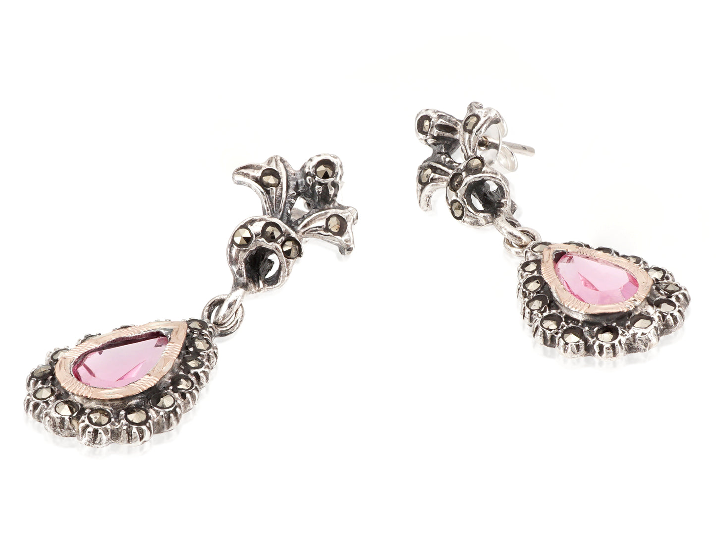 Brincos Compridos Marcassites Lágrima Rosa, Prata de Lei 925 e Ouro 9k - Perspectiva