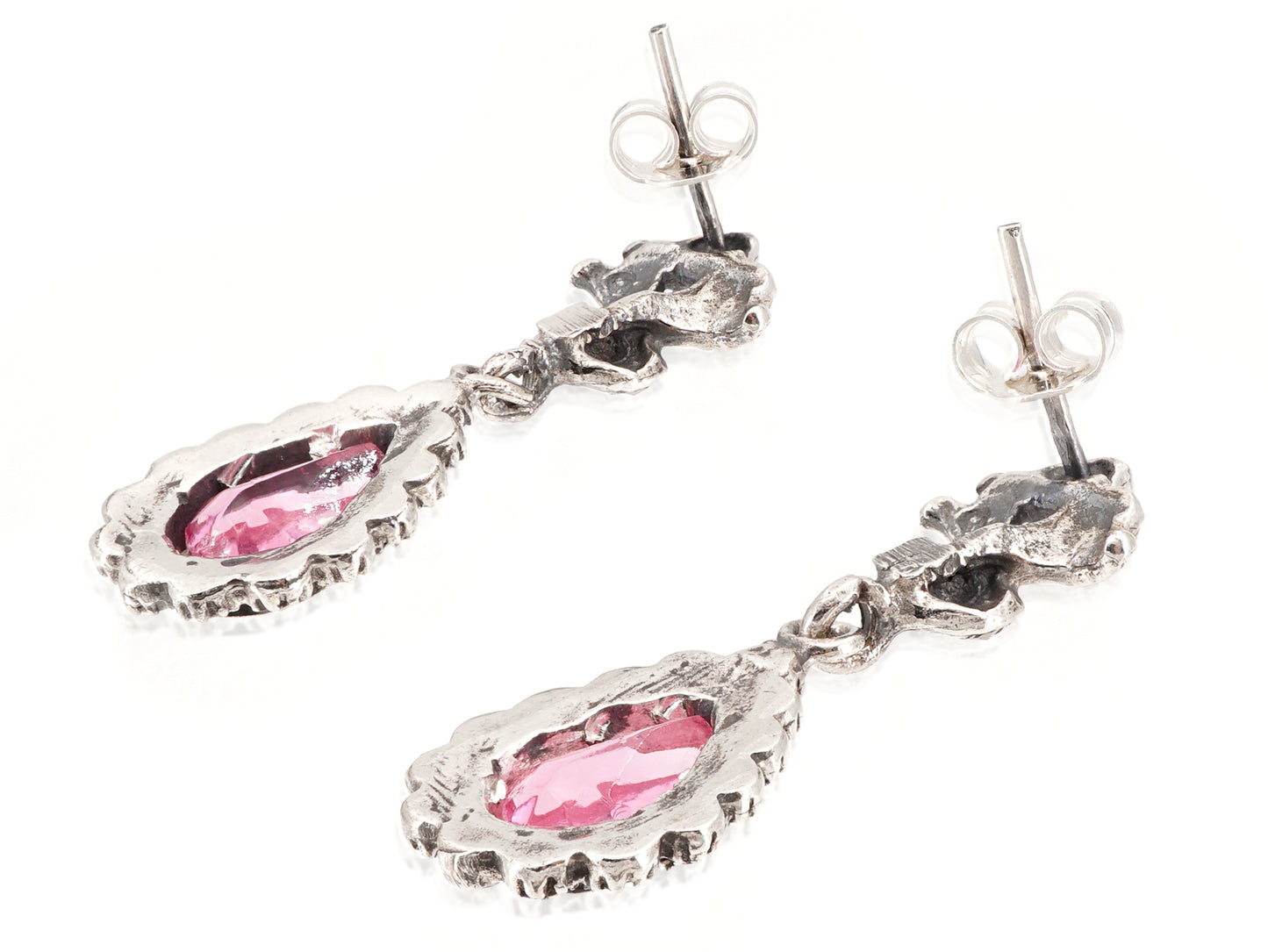 Brincos Compridos Marcassites Lágrima Rosa, Prata de Lei 925 e Ouro 9k - Perspectiva, Vista de Trás