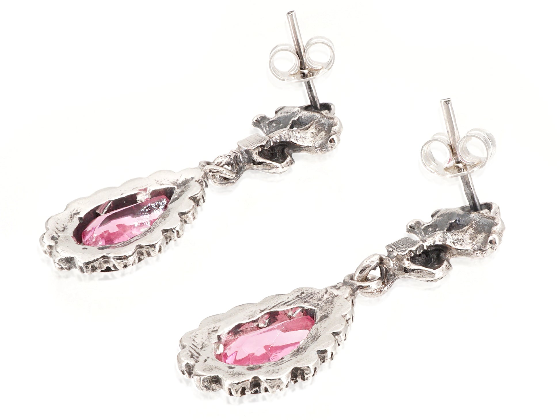 Brincos Compridos Marcassites Lágrima Rosa, Prata de Lei 925 e Ouro 9k - Perspectiva, Vista de Trás
