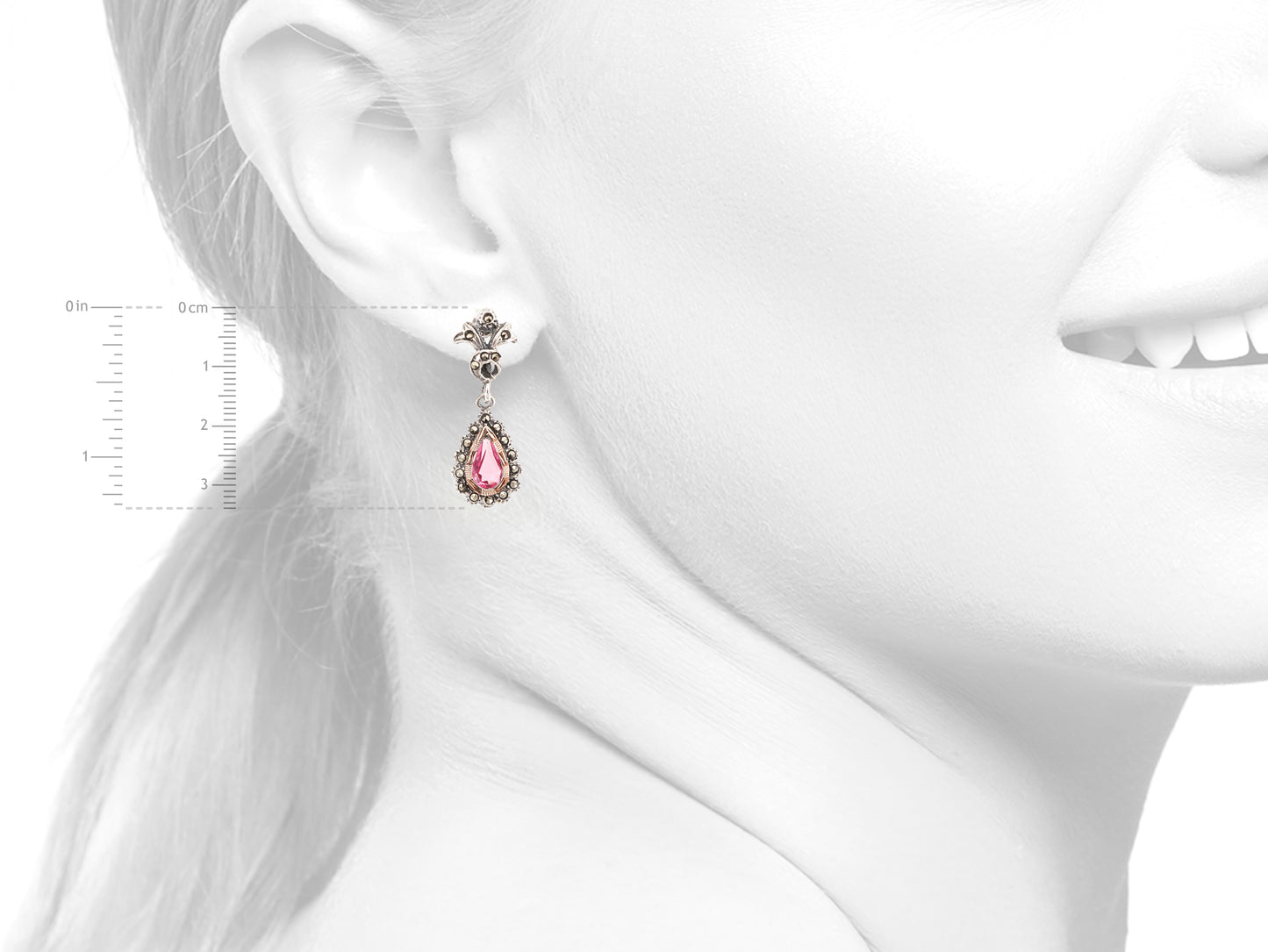 Brincos Compridos Marcassites Lágrima Rosa, Prata de Lei 925 e Ouro 9k - Medidas