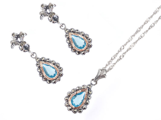 Conjunto Marcassites Colar e Brincos Compridos Lágrima Pedra Azul-água, Prata de Lei 925 e Ouro 9k