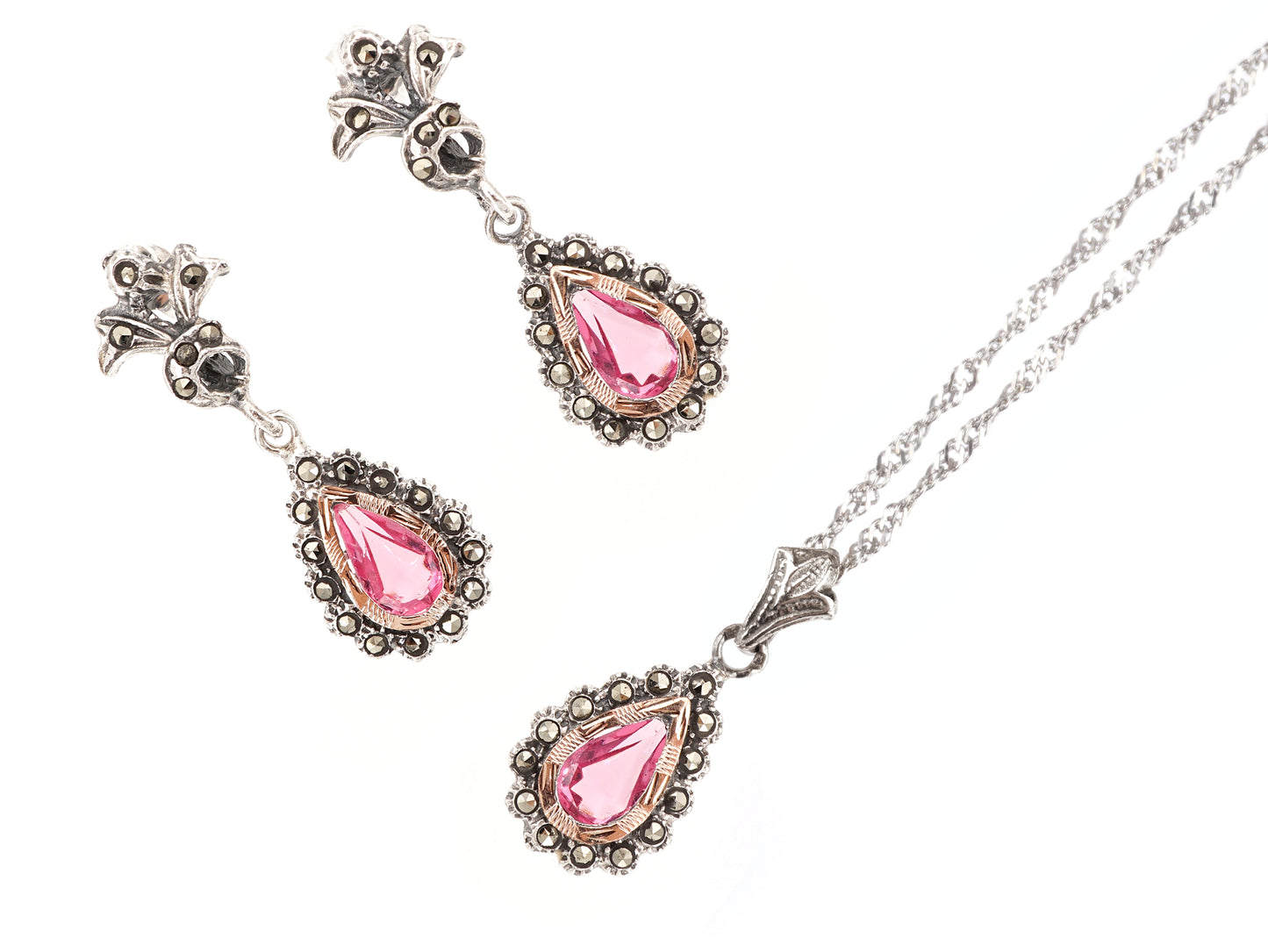 Conjunto Marcassites Colar e Brincos Compridos Lágrima Pedra Rosa, Prata de Lei 925 e Ouro 9k