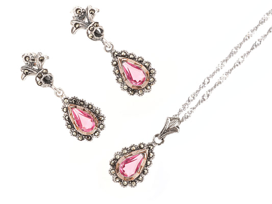 Conjunto Marcassites Colar e Brincos Compridos Lágrima Pedra Rosa, Prata de Lei 925 e Ouro 9k