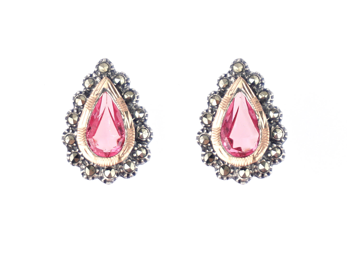 Brincos Marcassites Lágrima Pedra Rosa, Prata de Lei 925 e Ouro 9k