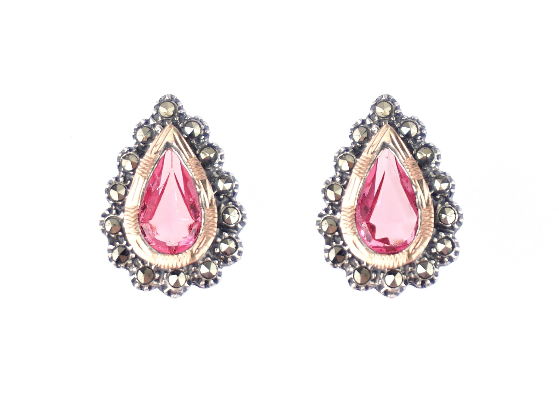 Brincos Marcassites Lágrima Pedra Rosa, Prata de Lei 925 e Ouro 9k