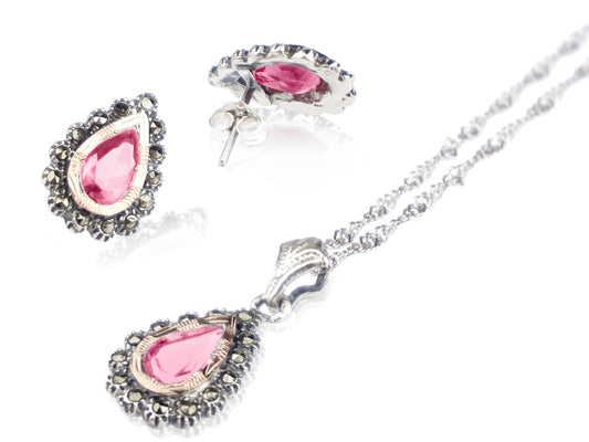 Conjunto Marcassites Colar e Brincos Lágrima Pedra Rosa, Prata de Lei 925 e Ouro 9k
