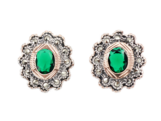 Brincos Marcassites Ovais com Rebordo e Pedra Verde, Prata de Lei 925 - Vista de frente