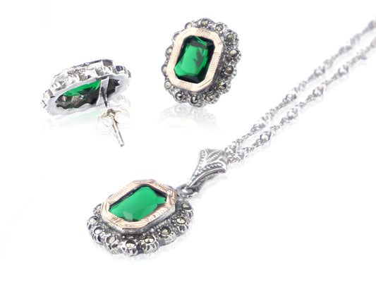 Conjunto Marcassites Colar e Brincos Rectangulares Pedra Verde, Prata de Lei 925 e Ouro 9k