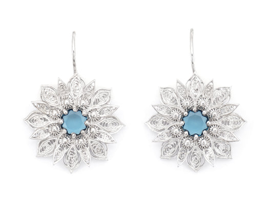 Brincos Flor Rica com Pedra, Filigrana Portuguesa, Prata de Lei 925 - Vista de Frente