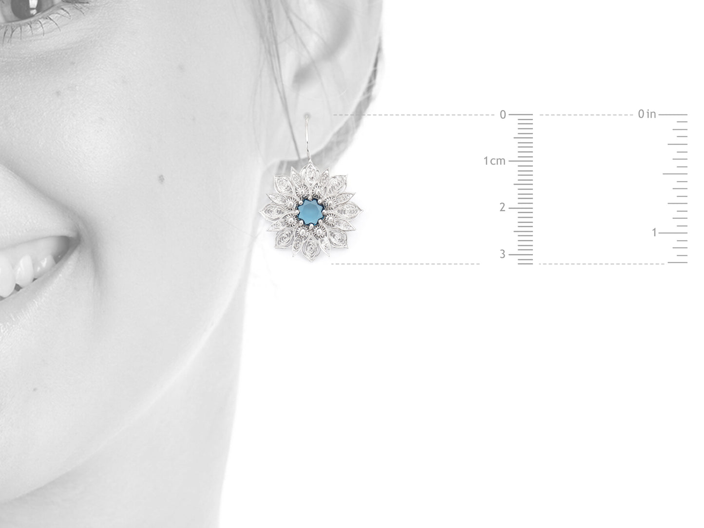 Brincos Flor Rica com Pedra, Filigrana Portuguesa, Prata de Lei 925 - Medidas