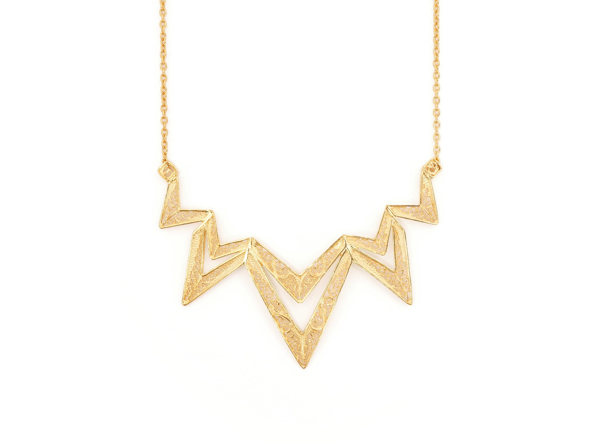 Colar Geométrico, Filigrana Portuguesa, Prata de Lei 925 Dourada