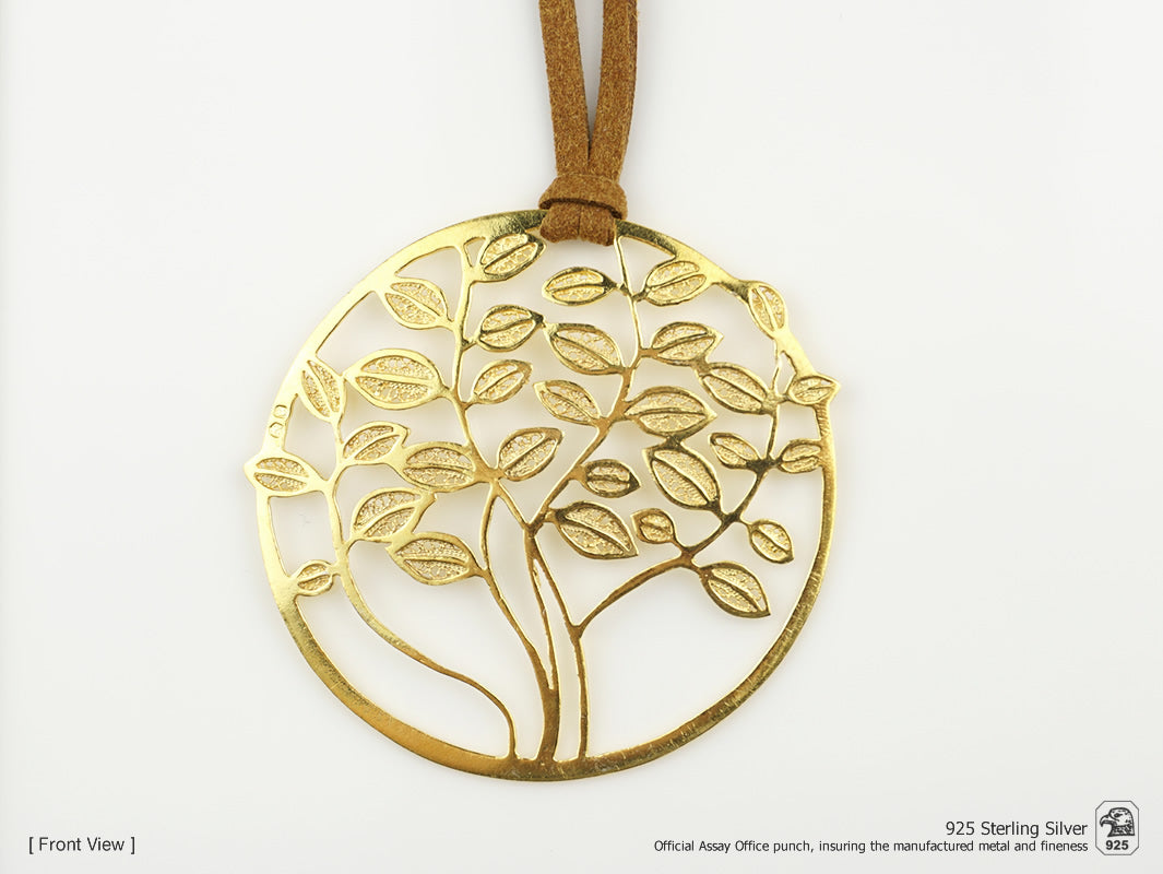 Cordão Medalha Árvore da Vida Grande, Filigrana Portuguesa, Prata de Lei 925 Dourada - Vista de frente