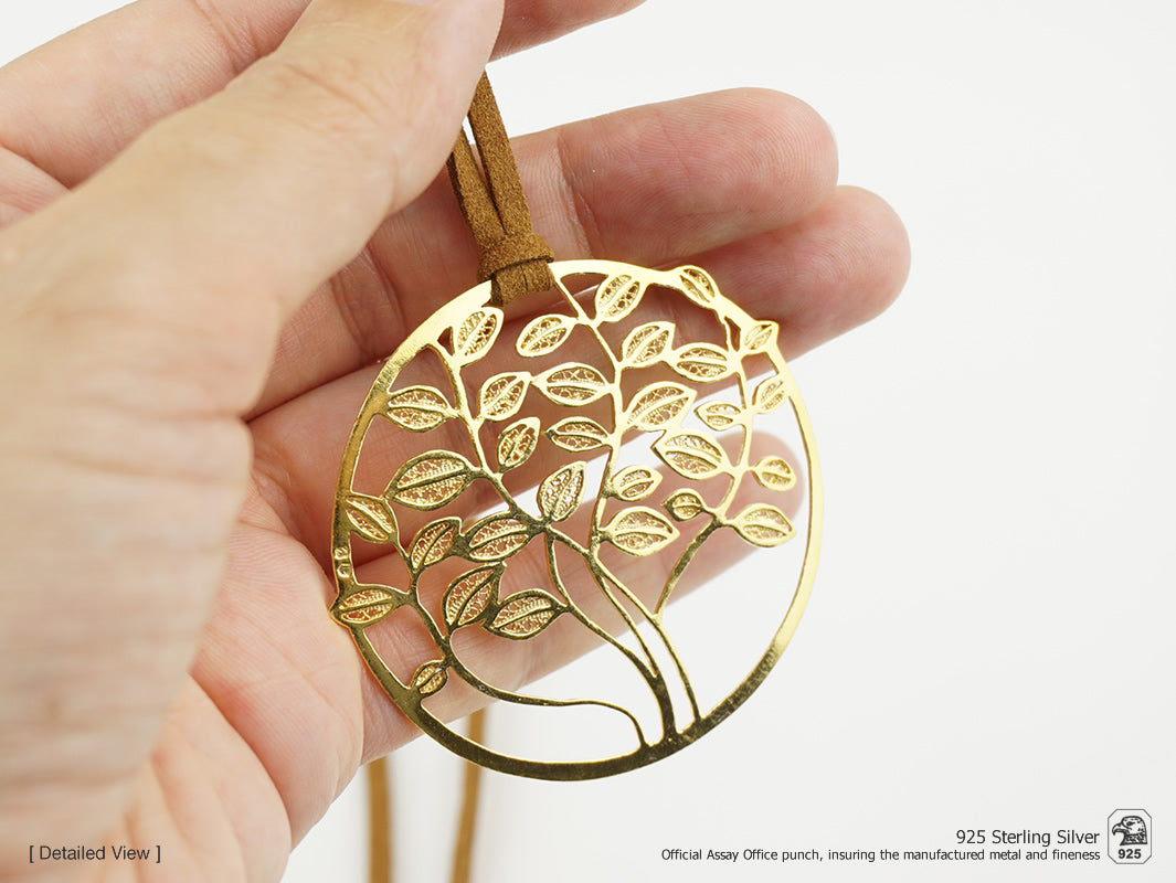 Cordão Medalha Árvore da Vida Grande, Filigrana Portuguesa, Prata de Lei 925 Dourada - Colar na mão