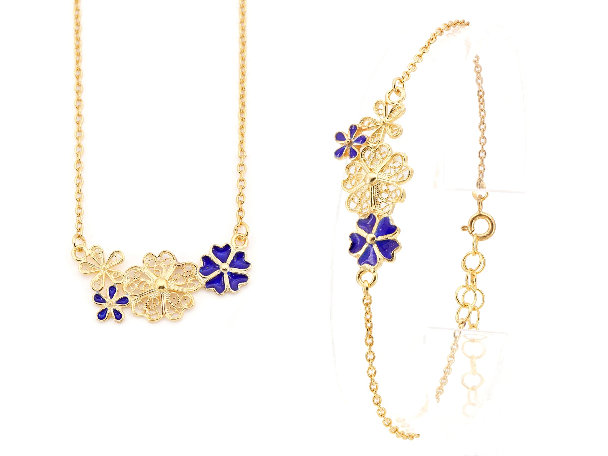 Conjunto Pulseira + Colar Flores com Esmalte Azul, Filigrana Portuguesa, Prata de Lei 925 Dourada