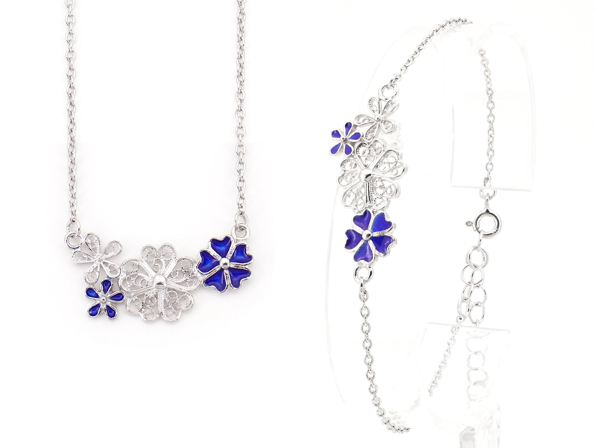 Conjunto Pulseira + Colar Flores com Esmalte Azul, Filigrana Portuguesa, Prata de Lei 925
