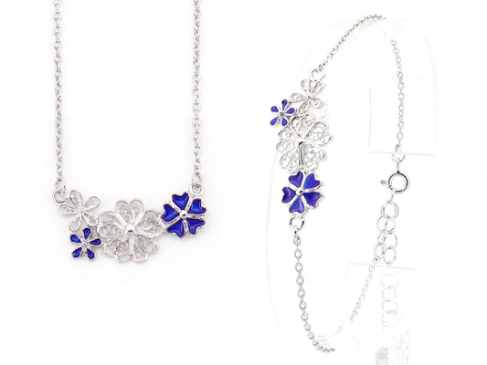 Conjunto Pulseira + Colar Flores com Esmalte Azul, Filigrana Portuguesa, Prata de Lei 925