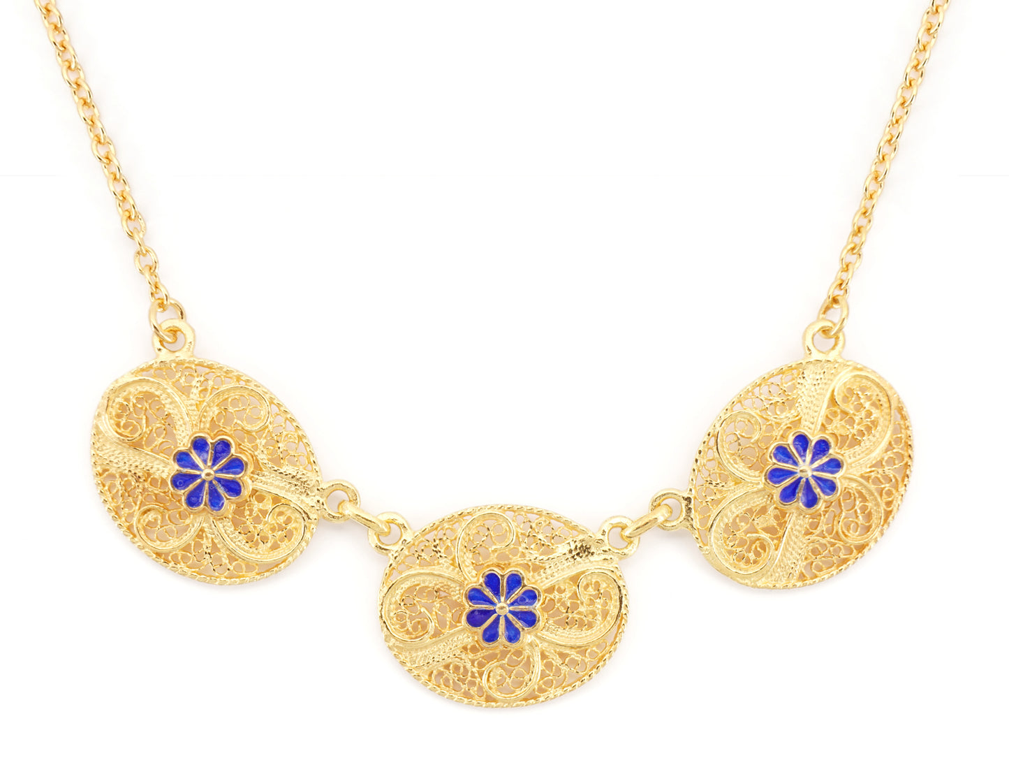 Colar Três Ovais com Flor Esmaltada, Filigrana Portuguesa, Prata de Lei 925 Dourada - Vista de Frente