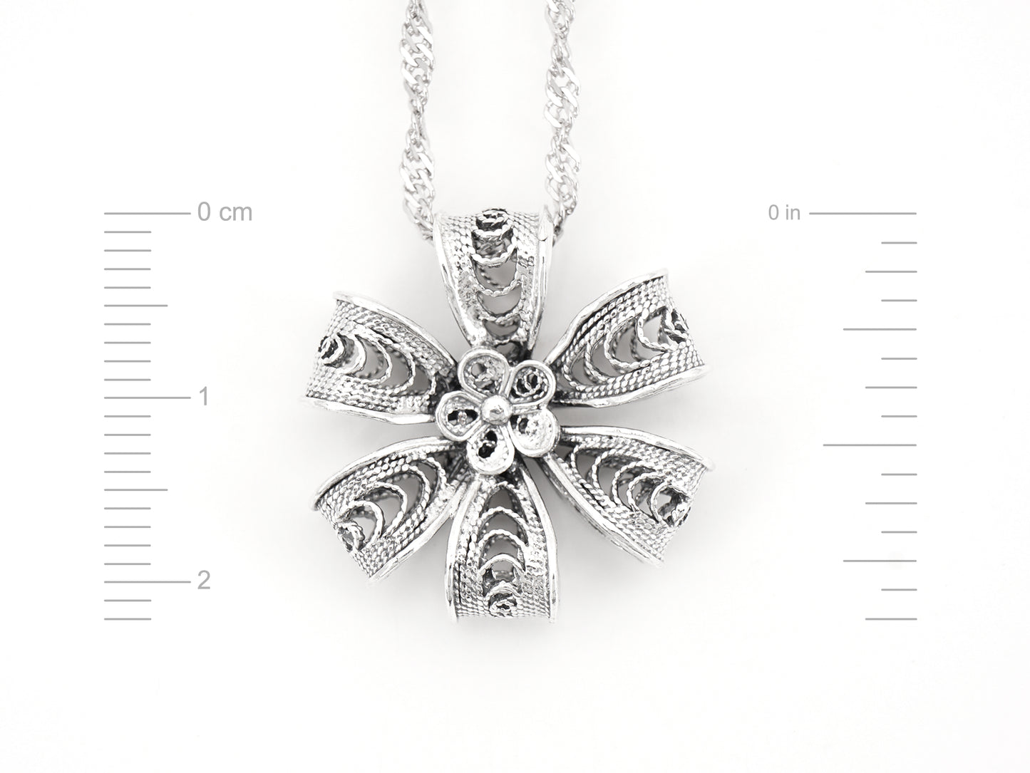 Colar Flor Rica de 6 Pétalas, Filigrana Portuguesa, Prata de Lei 925 - Medidas