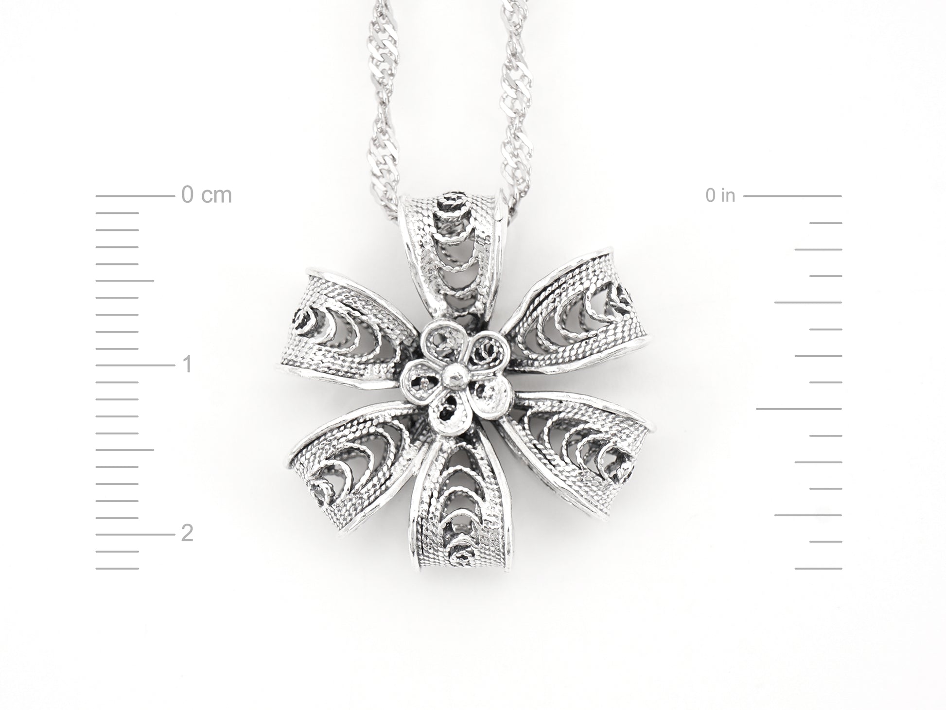 Colar Flor Rica de 6 Pétalas, Filigrana Portuguesa, Prata de Lei 925 - Medidas