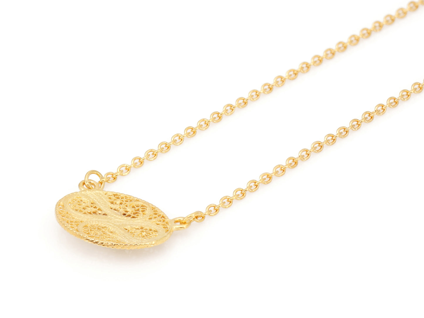 Colar Oval com Flor Esmaltada, Filigrana Portuguesa, Prata de Lei 925 Dourada - Vista de Trás