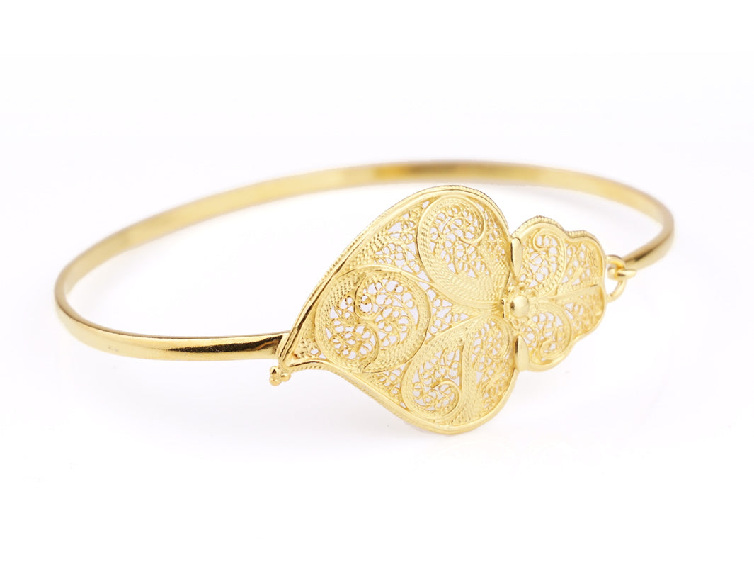 Pulseira Escrava Coração de Viana, Filigrana Portuguesa, Prata de Lei 925 Dourada