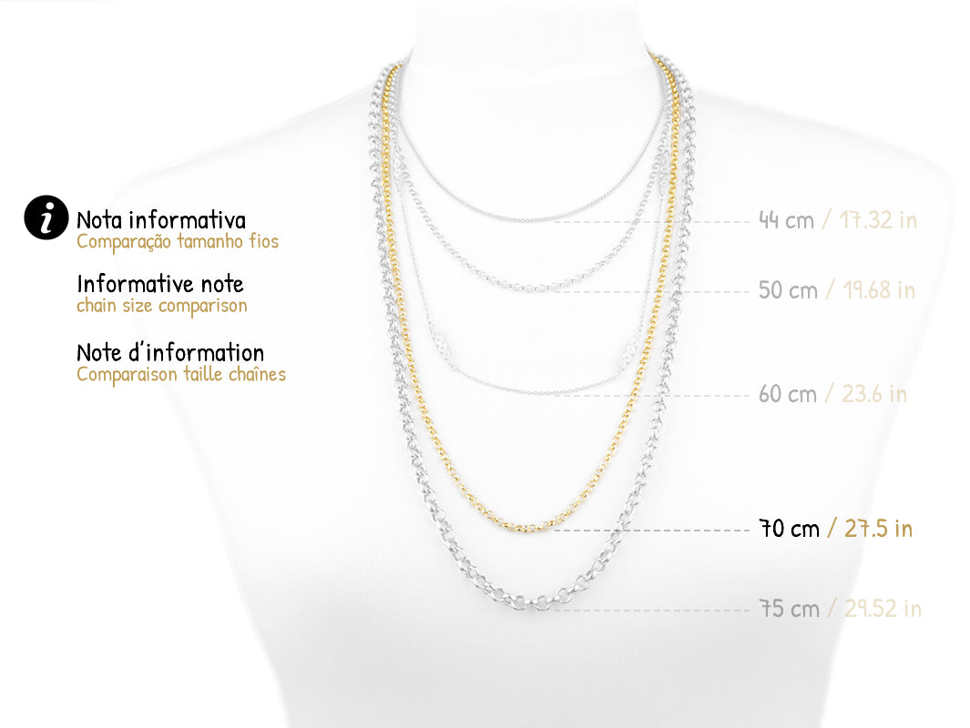 Cordão Tradicional Fino Comprido, Prata de Lei 925 Dourada - Comparação medidas