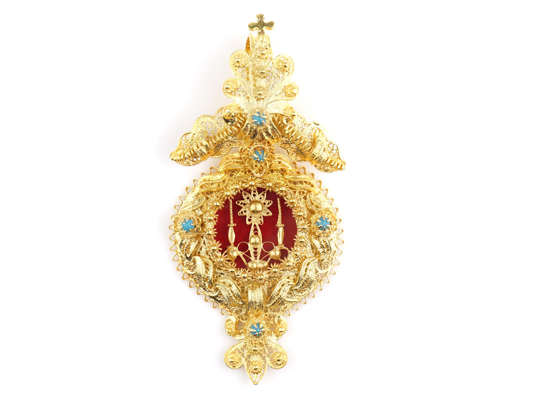 Medalha Relicário / Custódia Grande, Filigrana Portuguesa, Prata de Lei 925 Dourada - Vista de frente