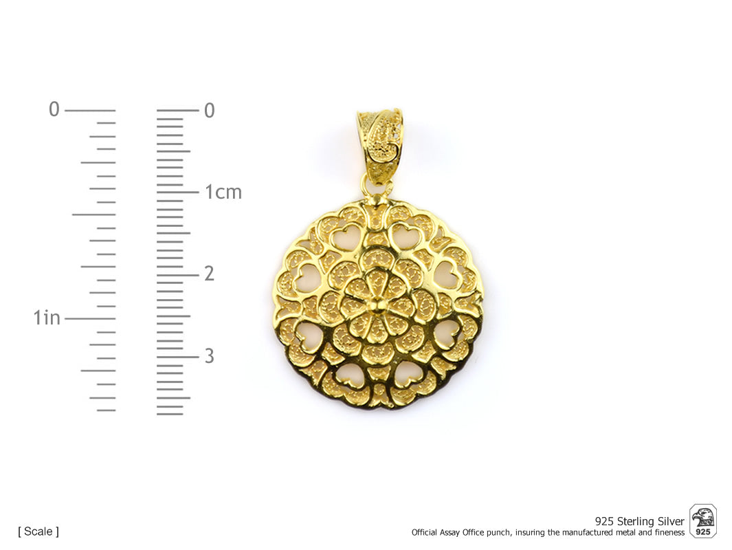 Medalha Redonda com Corações, Filigrana Portuguesa, Prata de Lei 925 Dourada - Medidas