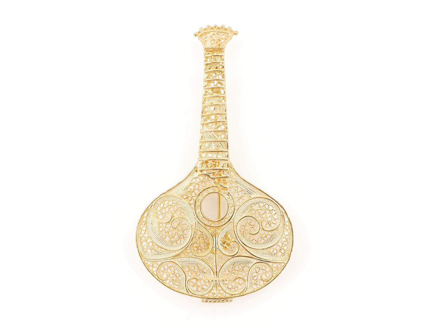 Medalha / Alfinete Guitarra Portuguesa Grande, Filigrana Portuguesa, Prata de Lei 925 Dourada