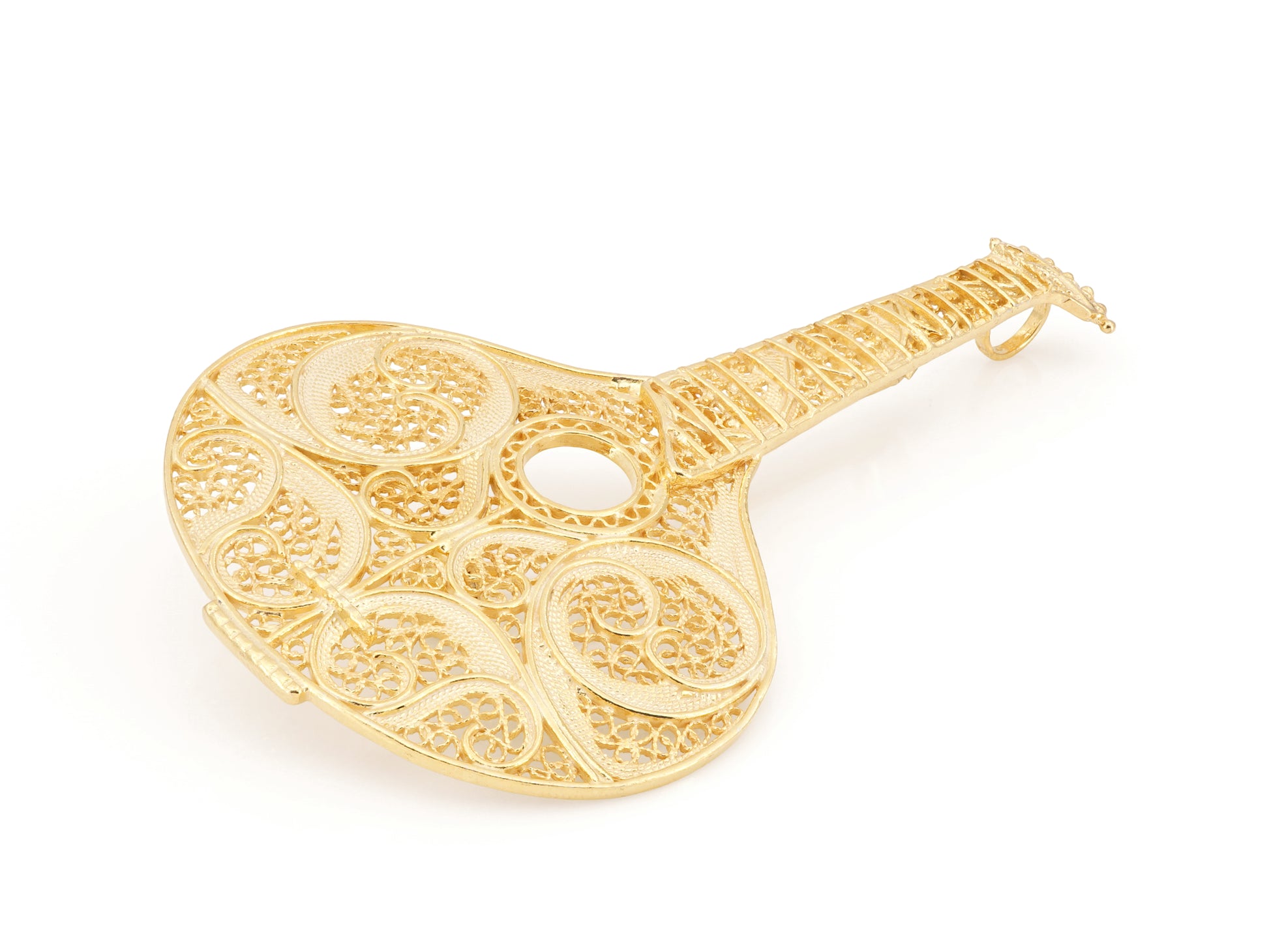 Medalha / Alfinete Guitarra Portuguesa Grande, Filigrana Portuguesa, Prata de Lei 925 Dourada - Perspectiva
