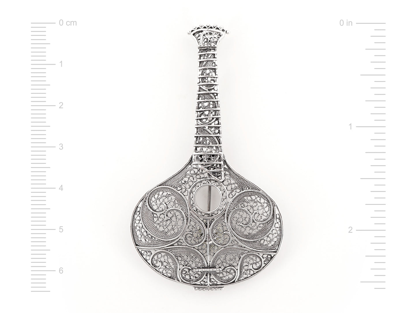 Medalha / Alfinete Guitarra Portuguesa Grande, Filigrana Portuguesa, Prata de Lei 925 - Medidas
